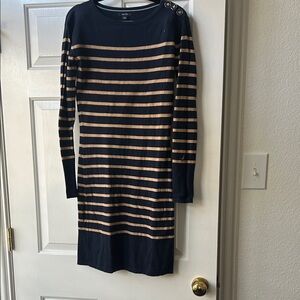 Nautica Black and Brown Striped Long Sleeve Dress